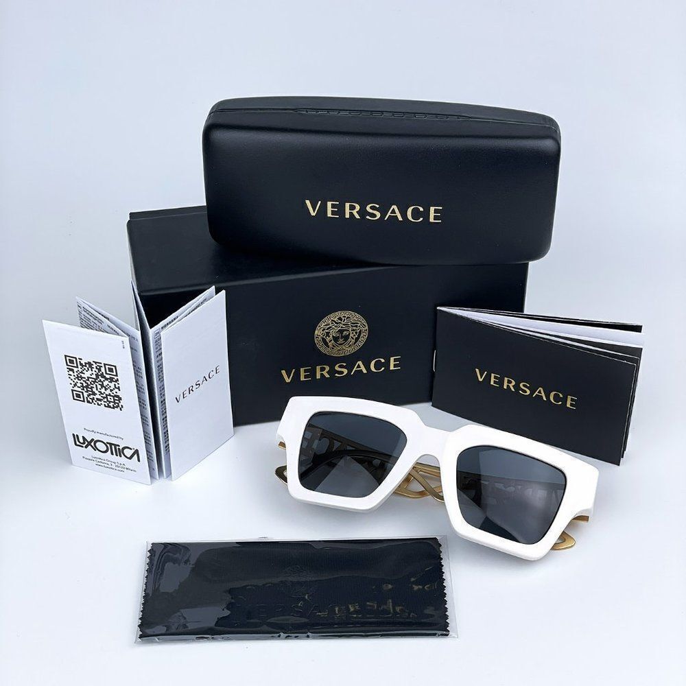 NEW Versace VE4431 401/87 White Gold Logo Dark Grey Square Women Sunglasses - Picture 11 of 12